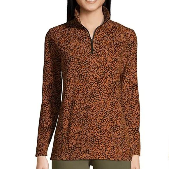 Lands' End Womens Quarter Zip Fleece Pullover Burnt Caramel Leopard Print - Picture 1 of 2